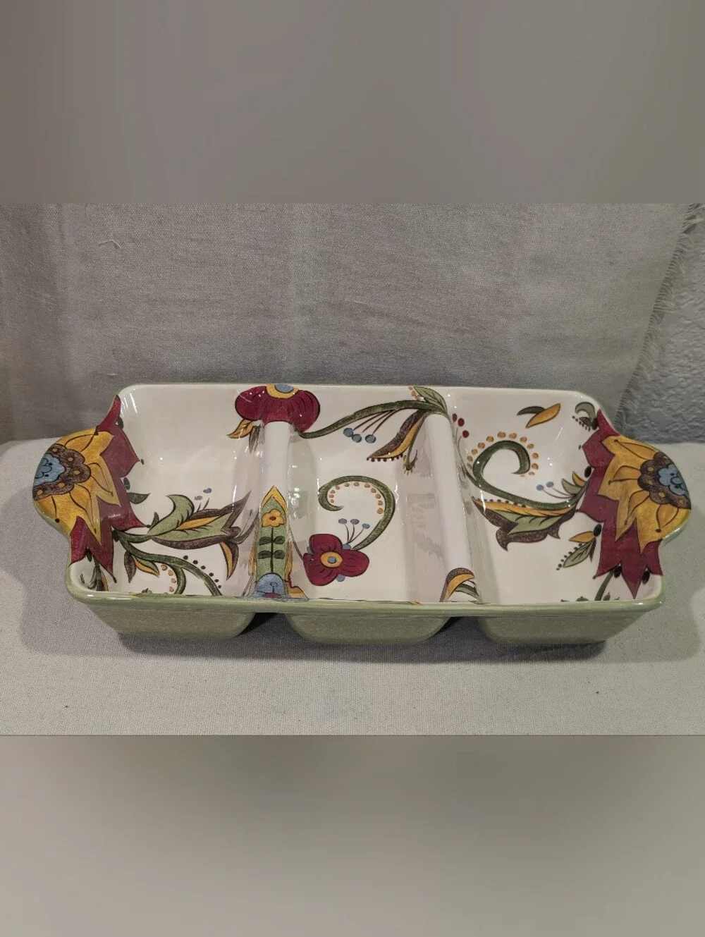 Pier 1 Carynthum Relish Vegetable 3 Section Dish Earthenware Floral Discontinued